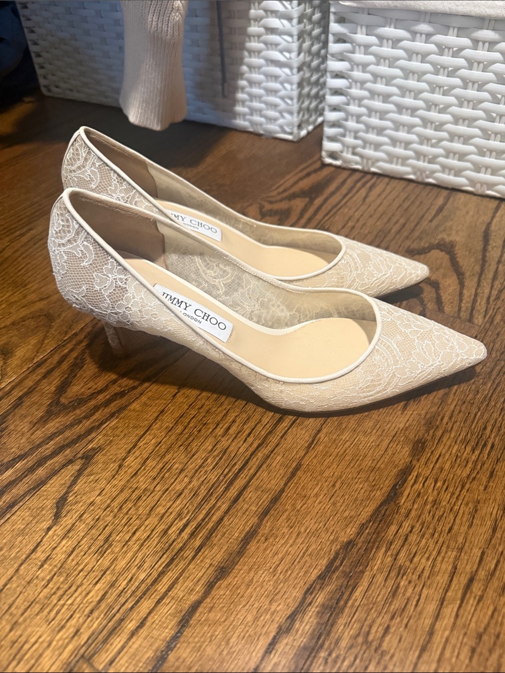 Jimmy Choo Ivory Lace Pointed-Toe Kitten Heels